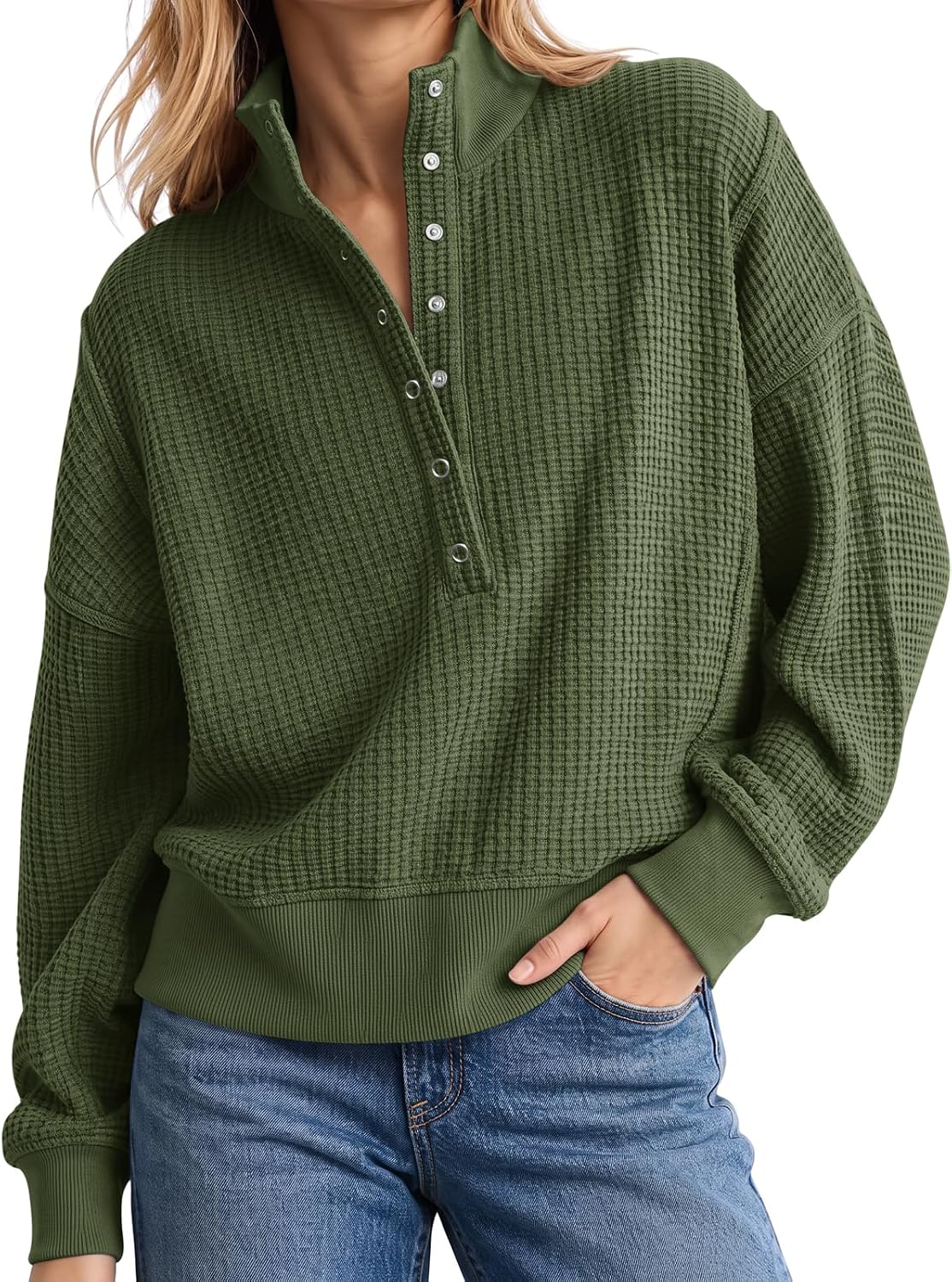 Womens Sweatshirt Waffle Knit Oversized Button Henley Pullover Tops