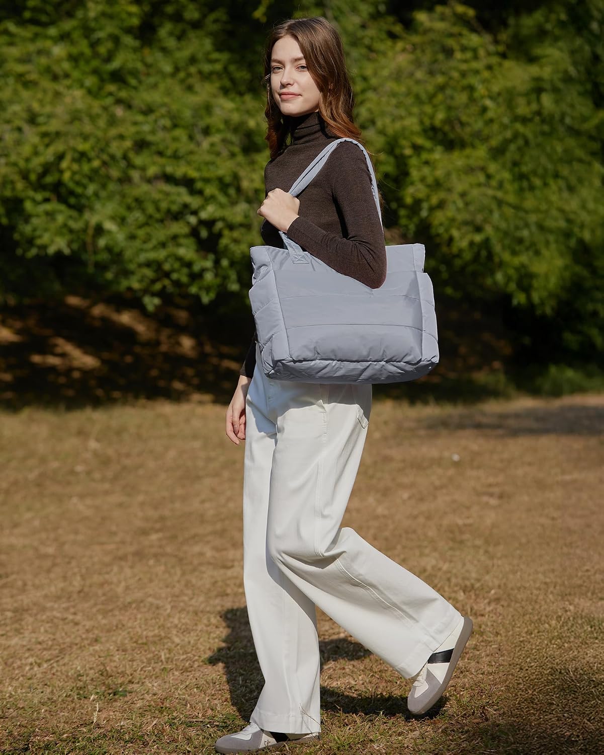 Women. Lightweight Puffy Tote Bag with Compartments Shoulder Bag Handbag for Travel. Work.