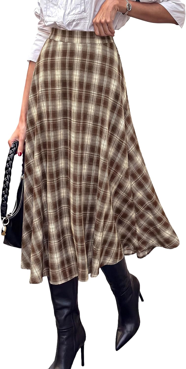 Women's Plaid High Waisted A-Line Midi Skirts | Elastic Waistband. Long Flowy Skirt. Classic Tartan Print. Vintage Style. Casual & Formal Wear.