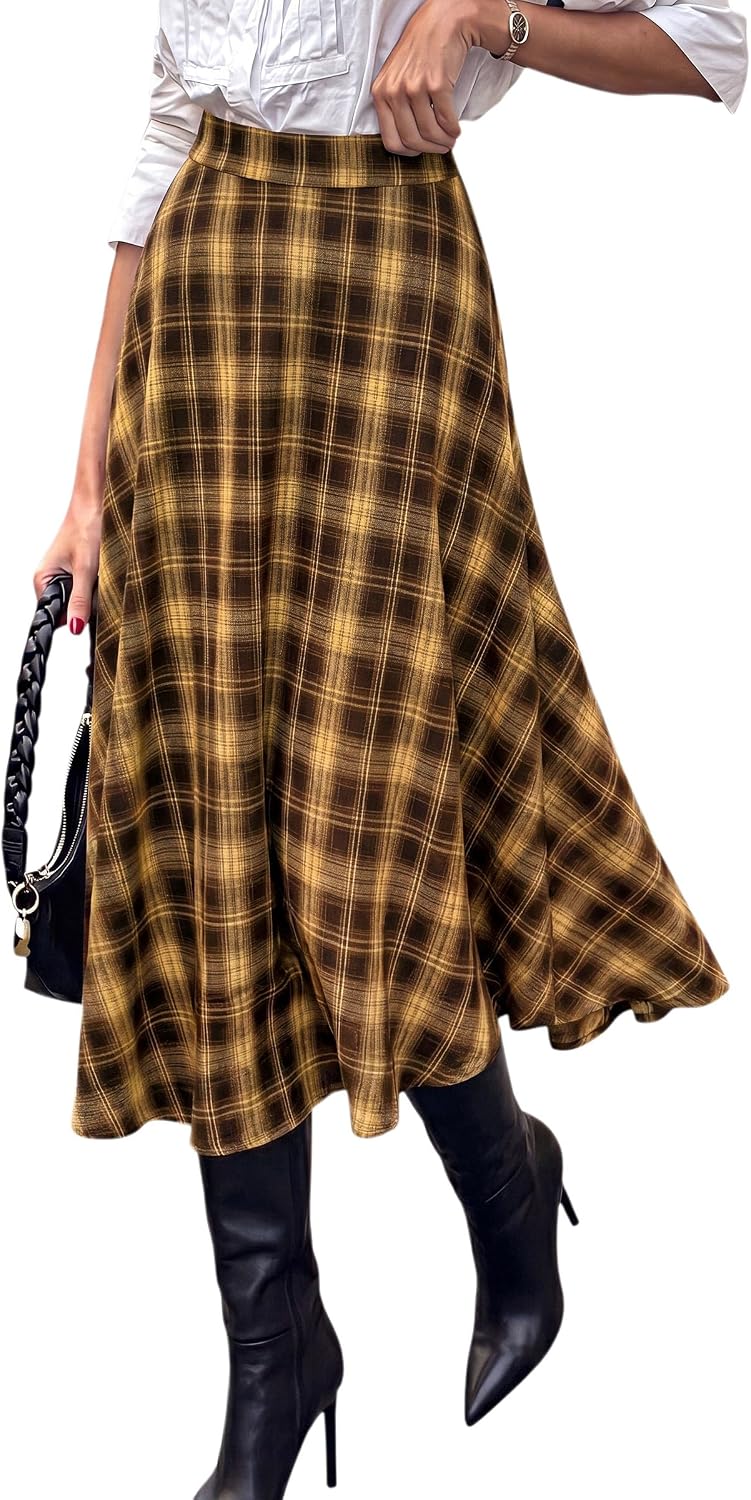Women's Plaid High Waisted A-Line Midi Skirts | Elastic Waistband. Long Flowy Skirt. Classic Tartan Print. Vintage Style. Casual & Formal Wear.
