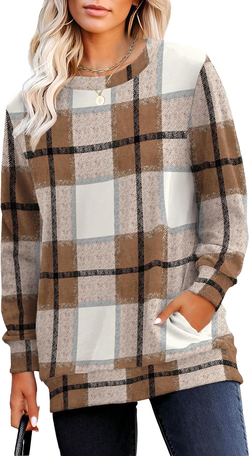 Crewneck Fall Sweatshirt for Women Plain Long Sleeve Top with Pocket | Ladies Crew Neck Casual Sweaters Outfits
