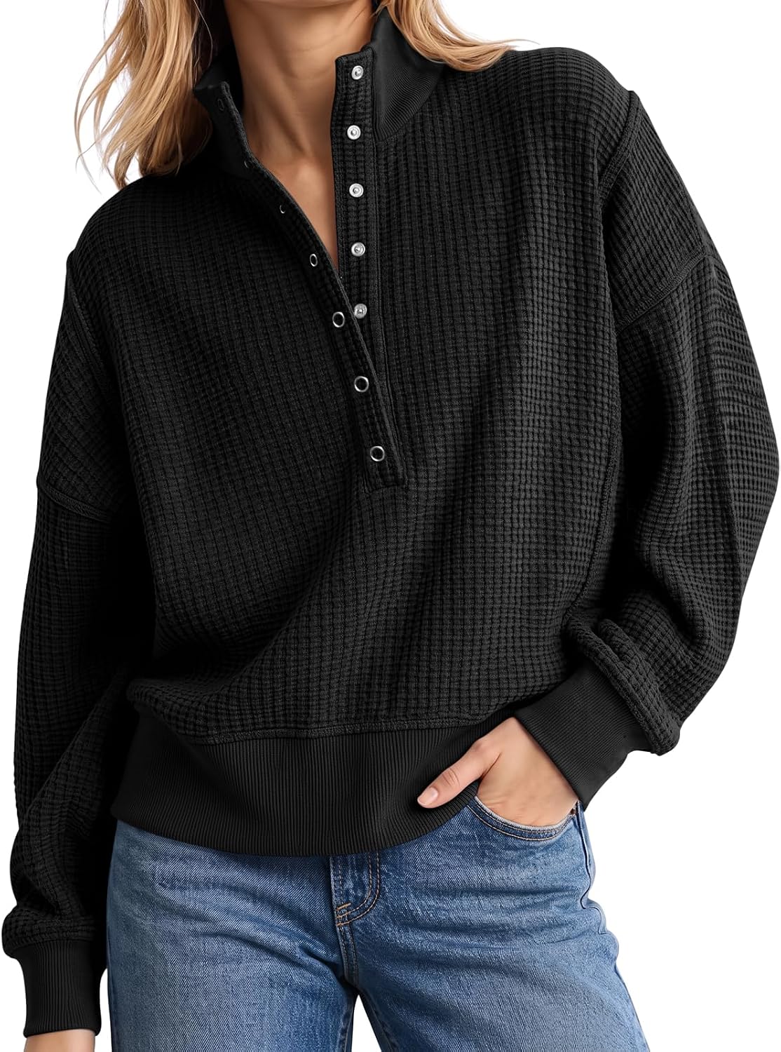 Womens Sweatshirt Waffle Knit Oversized Button Henley Pullover Tops