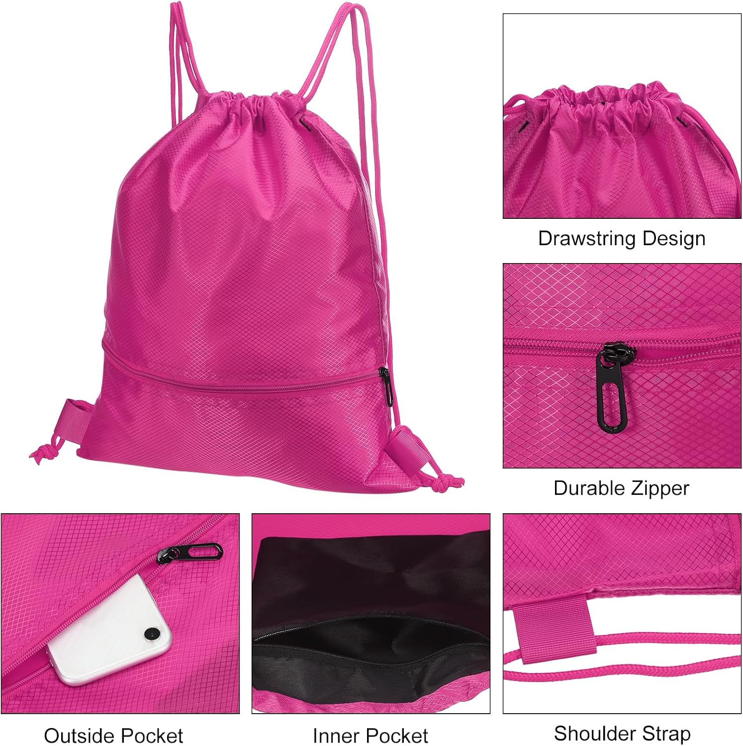 Drawstring Backpack Bag. Drawstring Gym Bags String Backpack with Zip Pocket for Women Men. Rose Red | Drawstring Bags