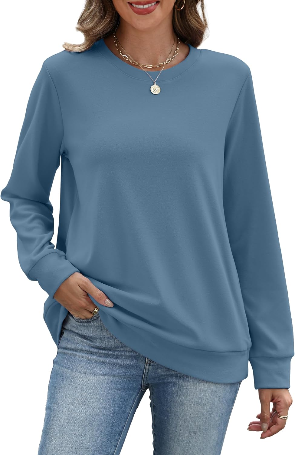 Crewneck Fall Sweatshirt for Women Plain Long Sleeve Top with Pocket | Ladies Crew Neck Casual Sweaters Outfits