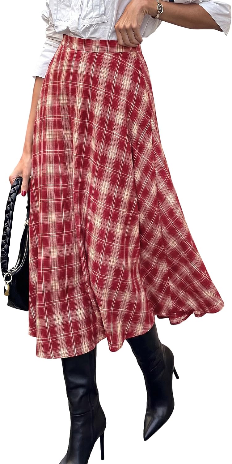 Women's Plaid High Waisted A-Line Midi Skirts | Elastic Waistband. Long Flowy Skirt. Classic Tartan Print. Vintage Style. Casual & Formal Wear.
