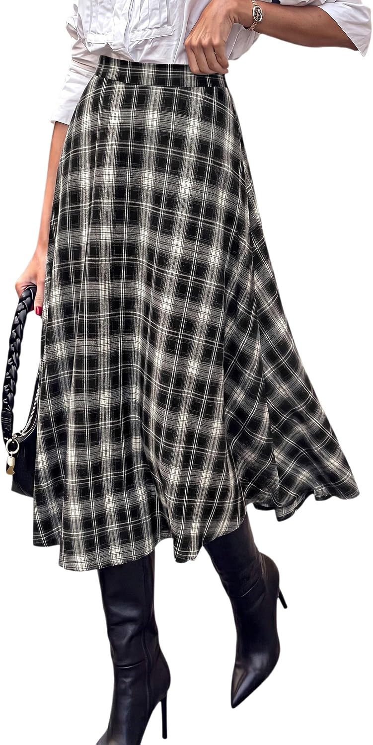 Women's Plaid High Waisted A-Line Midi Skirts | Elastic Waistband. Long Flowy Skirt. Classic Tartan Print. Vintage Style. Casual & Formal Wear.