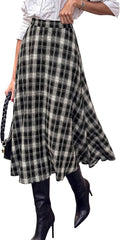 Women's Plaid High Waisted A-Line Midi Skirts | Elastic Waistband. Long Flowy Skirt. Classic Tartan Print. Vintage Style. Casual & Formal Wear.