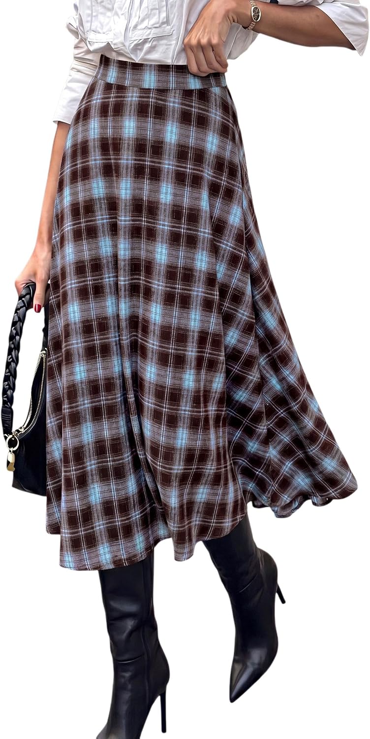 Women's Plaid High Waisted A-Line Midi Skirts | Elastic Waistband. Long Flowy Skirt. Classic Tartan Print. Vintage Style. Casual & Formal Wear.