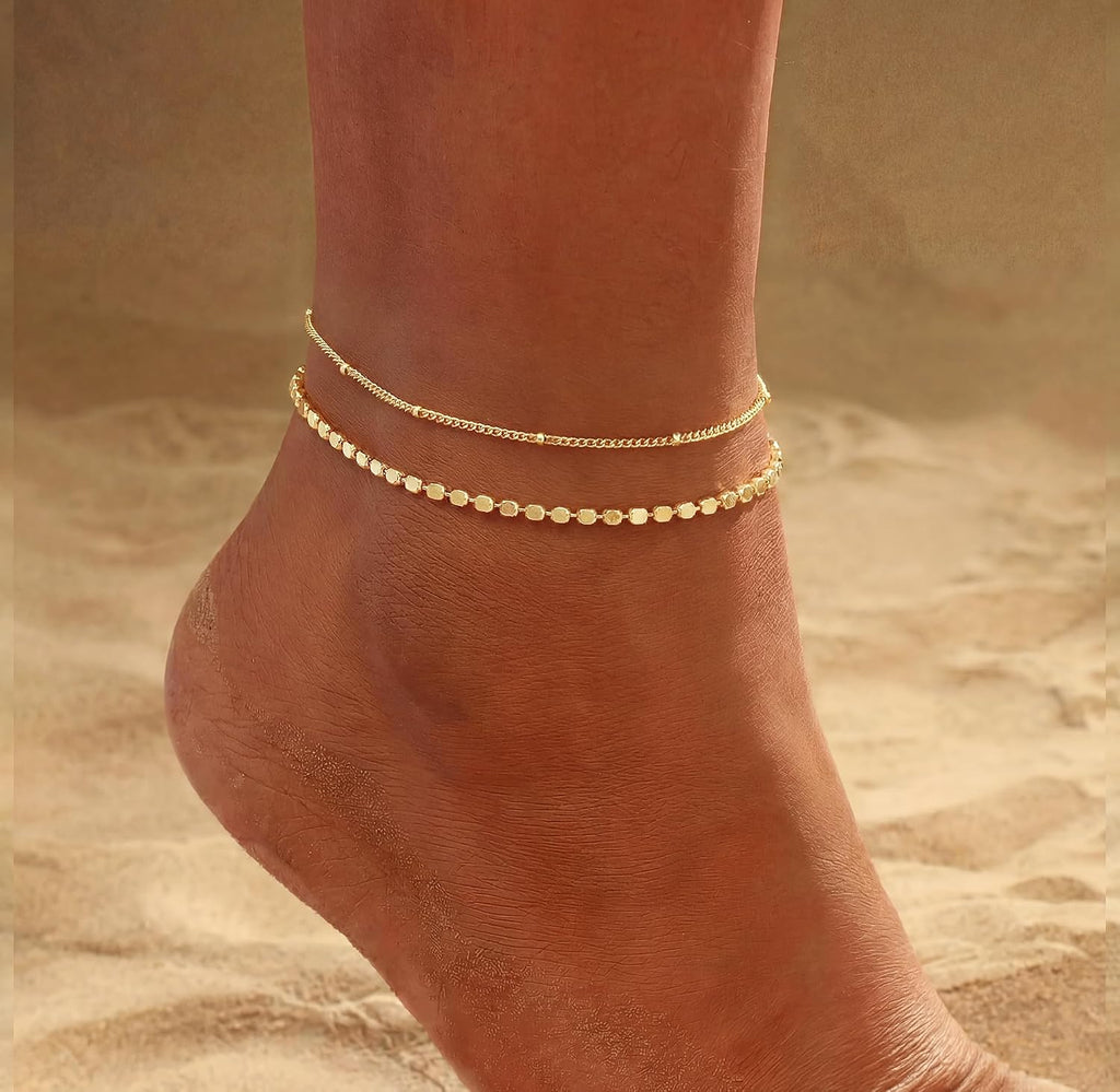women.14k Gold Plated Waterproof Layered lightweight Dot Flat Oval Chain Ankle Bracelets Set Gold Anklets for women Trendy Summer Beach Jewelry Gift for Women