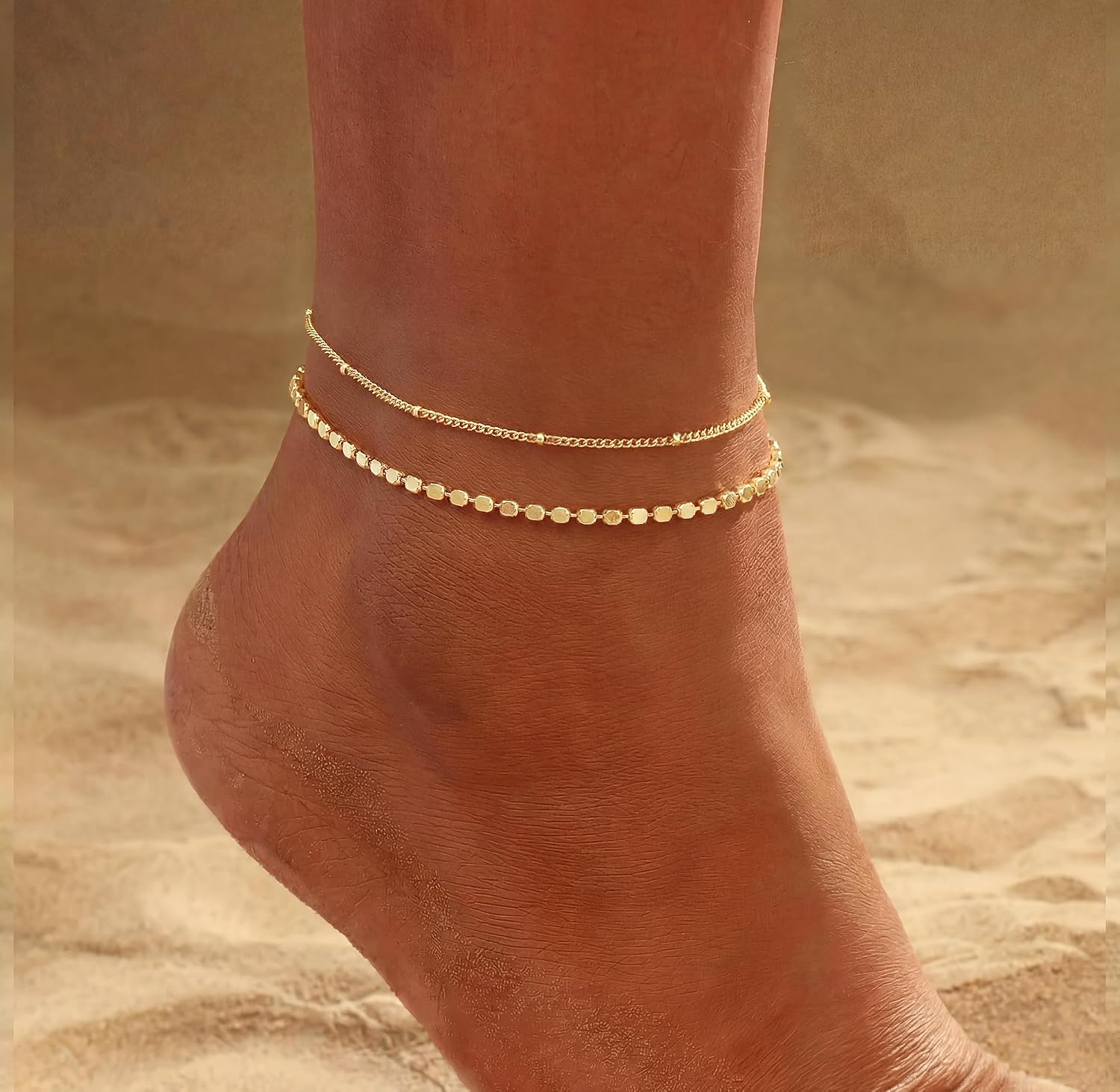 women.14k Gold Plated Waterproof Layered lightweight Dot Flat Oval Chain Ankle Bracelets Set Gold Anklets for women Trendy Summer Beach Jewelry Gift for Women