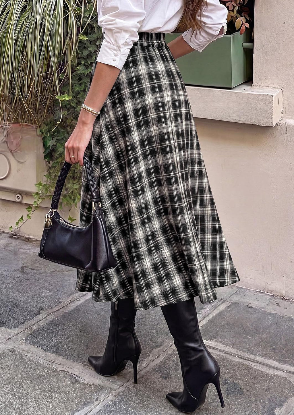 Women's Plaid High Waisted A-Line Midi Skirts | Elastic Waistband. Long Flowy Skirt. Classic Tartan Print. Vintage Style. Casual & Formal Wear.