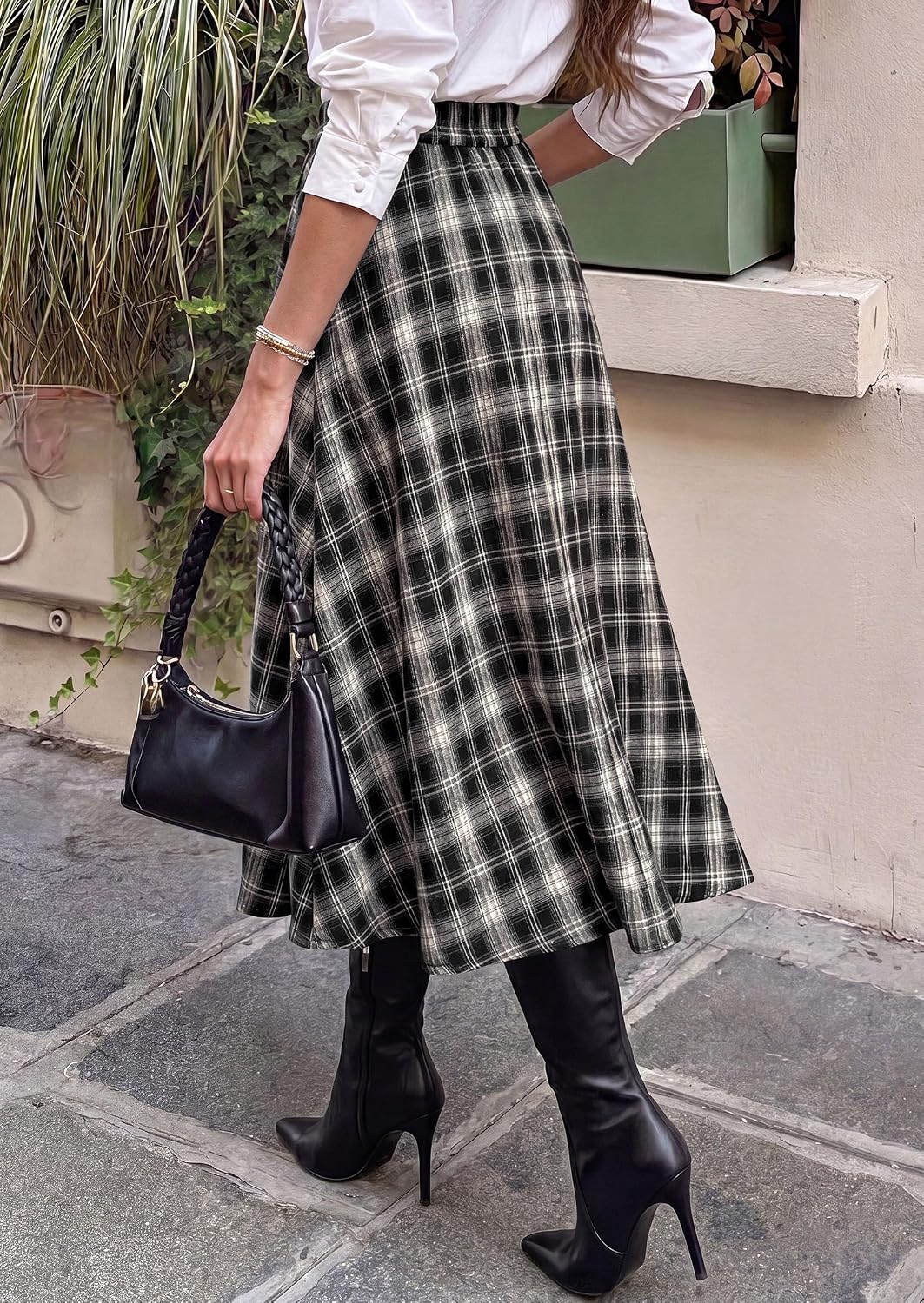 Women's Plaid High Waisted A-Line Midi Skirts | Elastic Waistband. Long Flowy Skirt. Classic Tartan Print. Vintage Style. Casual & Formal Wear.