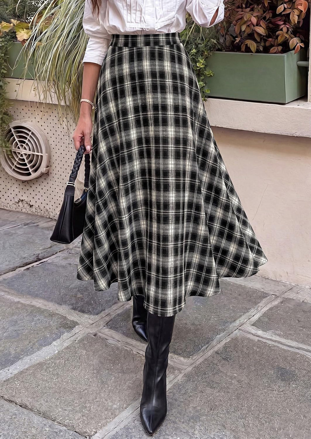 Women's Plaid High Waisted A-Line Midi Skirts | Elastic Waistband. Long Flowy Skirt. Classic Tartan Print. Vintage Style. Casual & Formal Wear.