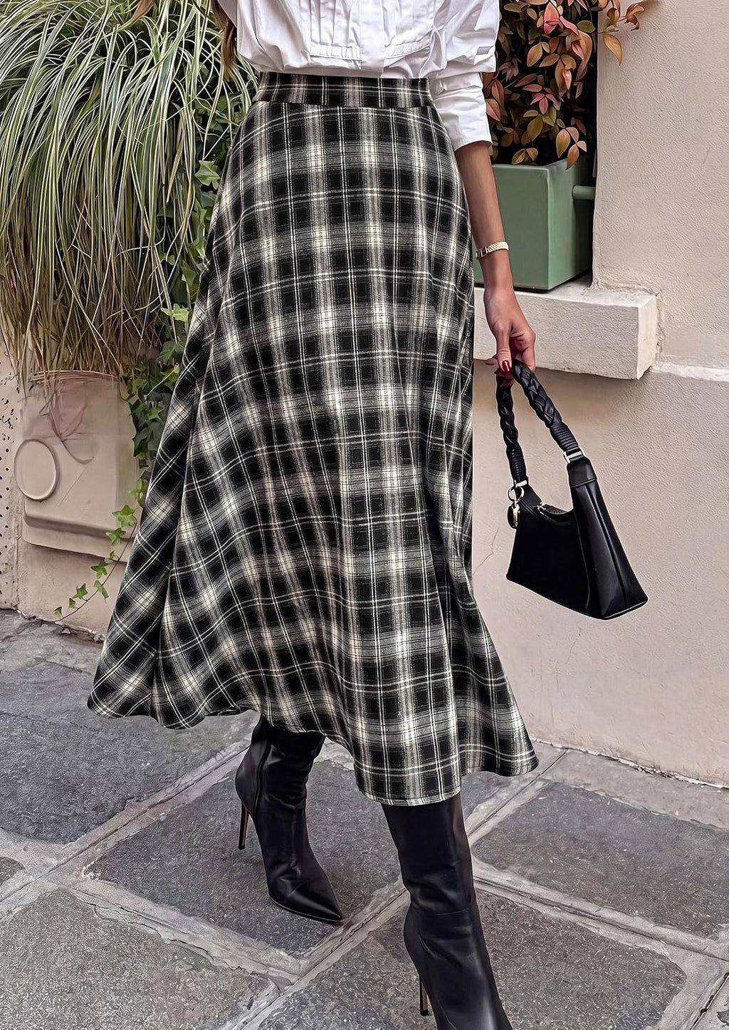 Women's Plaid High Waisted A-Line Midi Skirts | Elastic Waistband. Long Flowy Skirt. Classic Tartan Print. Vintage Style. Casual & Formal Wear.