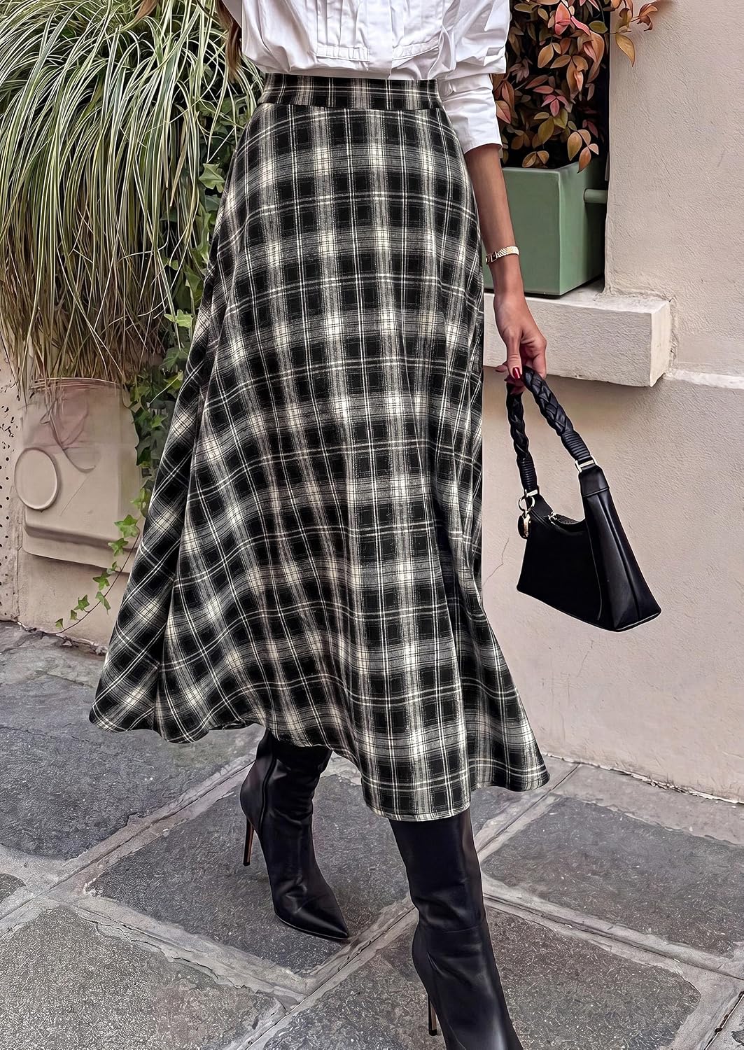 Women's Plaid High Waisted A-Line Midi Skirts | Elastic Waistband. Long Flowy Skirt. Classic Tartan Print. Vintage Style. Casual & Formal Wear.