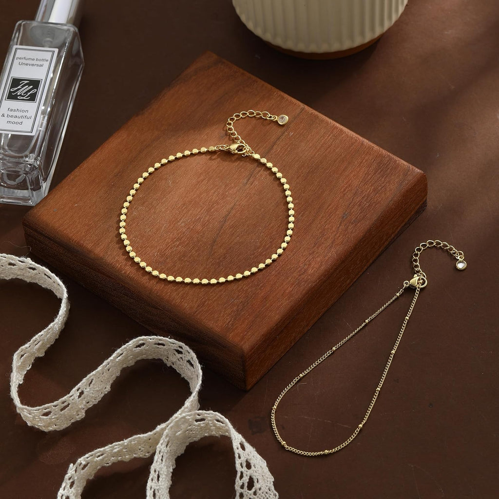 women.14k Gold Plated Waterproof Layered lightweight Dot Flat Oval Chain Ankle Bracelets Set Gold Anklets for women Trendy Summer Beach Jewelry Gift for Women
